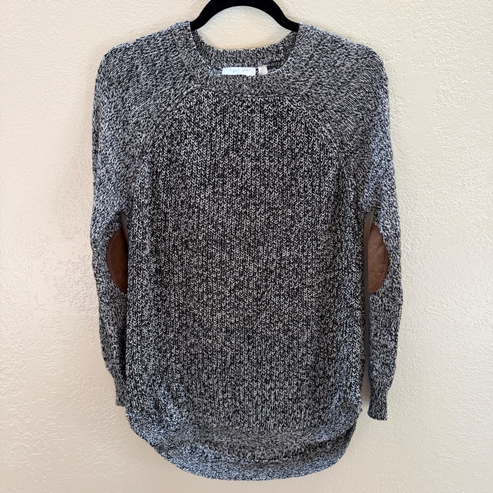 Womens M Marled Knit Sweater Black White Elbow Patches Academia Cotton Preppy
